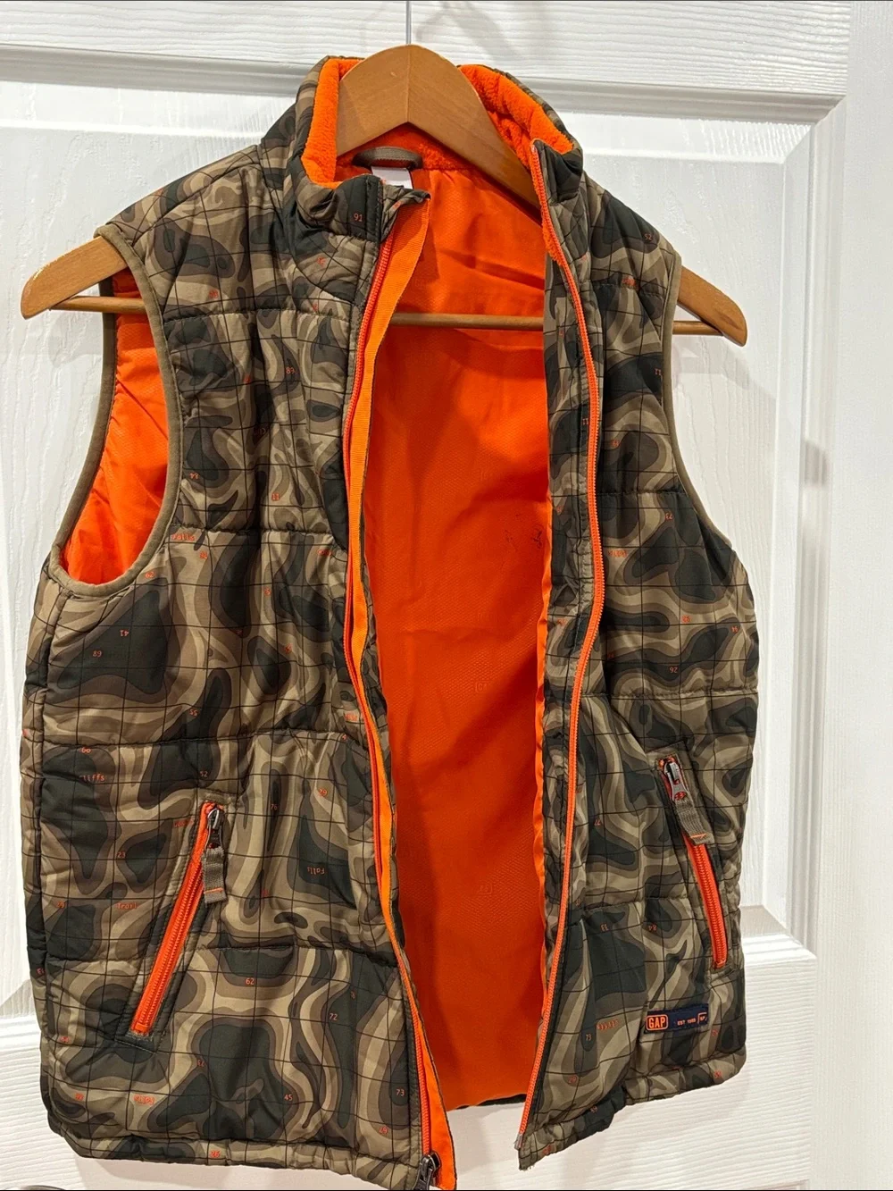 GAP Camouflage Puffer Vest with Bright Orange Trim